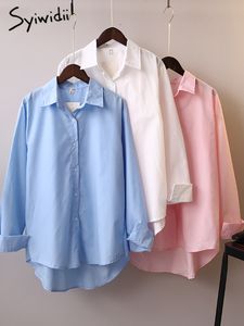 Blouzen voor vrouwen shirts Syiwidii ​​knopen shirts vrouwen katoen katoen met lange mouwen blouses Koreaans kantoor dame blouse zomer herfst fundamentele wit blauw roze tops 230302