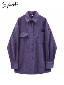 Blouses pour femmes chemises Syiwidii velours côtelé violet haut boutonné femmes à manches longues col rabattu surdimensionné vêtements d'extérieur amples 2023 blous chaud