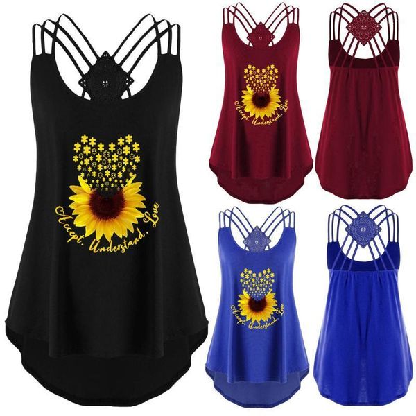 Blouses Femmes Chemises T-shirt Femmes 2022 Femme Tournesol Impression Bandages sans manches Gilet Top Strappy Débardeurs Debardeur Femmes Blusa F