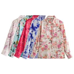 Women's Blouses Shirts Taop Za Dames Nieuwe Flower Shirt Poplin Textuur Satijn Gedrukte Casual Long SleD Top D240507