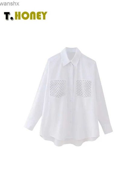 Chemises de chemisiers pour femmes Tellhoney Womens Fashion Polo Neck Pocket Pocket Pocket Top Womens Casual Long Sleeve Rivet Decorative Shirtl2405