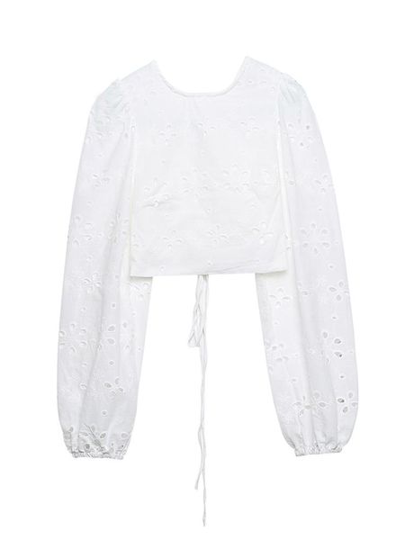 Blouses Femmes Chemises Tops Femmes 2022 Street Style Back Lace Up Sexy Cutwork Broderie Crop Top Col Rond Manches Longues Coton Blanc Crop