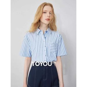 Chemises pour femmes chemises Toyouth Femmes 2024 Été Nouveau surdimension à rayures Collar Pocket Short Slve Blue Working Wear Top Y240510