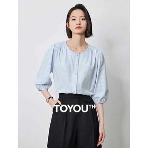 Women's Blouses Shirts Toyouth dames shirt 2024 zomer nieuwe blauwe en witte ronde nek gestreepte lantaarn halve slve blouse top y240510