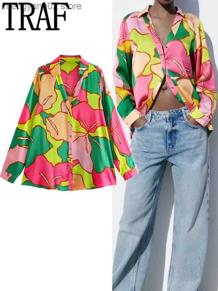 Blusas de mujer Camisas TRAF 2023 Camisa de satén con estampado rosa Camisa con botones vintage para mujer Blusa de manga larga para mujer Blusas sueltas casuales para mujer Camisa hawaiana T230508