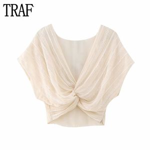 Dames Blouses Shirts TRAF Beige Crop Top Vrouwen Geknoopte Ruches Top Vrouwelijke Korte Mouw Casual Tops voor Vrouwen Zomer Chiffon Shirts en Blouses Vrouwen 230705