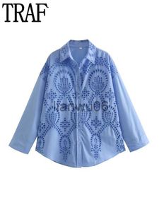 Chemisiers pour femmes Chemises TRAF Broderie Longue Chemise Femme Bleu Chemises Oversize pour Femme Manches Longues Découpées Femme Chemise Boutonnée Chemises et Chemisiers J230802