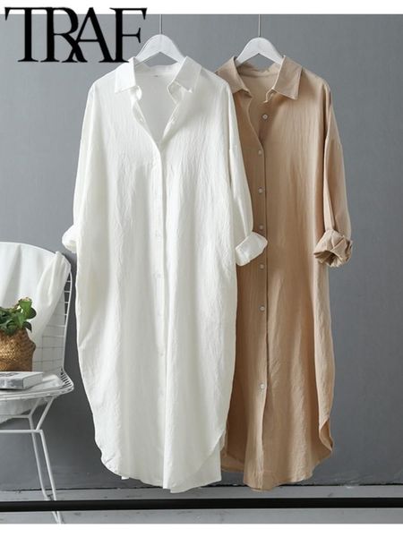 Chemisiers pour femmes Chemises TRAF Printemps Chemisiers pour femmes Vêtements coréens Été Vintage Lin Coton Robe chemise blanche mi-longue pour femmes Chic Tops 230615