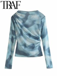 Blouses Femmes Chemises TRAF Femmes Mode Imprimé Tulle Vintage Manches Longues Avec Doublure Dame Mince Femelle Casual Ruché Blusas Tops 230803