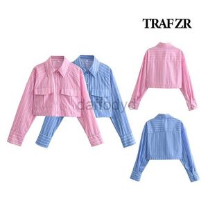 Chemises de chemisiers pour femmes Traf Zr Y2K Top Chemise rayée Blouse à manches longues Crop Top Femelle Casual Basic Shirts Femme Vintage Stripe 240411