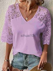 Dames Blouses Shirts V-hals Lace Hollow Tee Panelled Halve mouw Dames Lente Zomer Wit Elegant Casual T-shirt 2023 Solid Office Lady Tops J230621