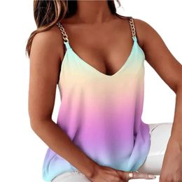 Chemisiers pour femmes Chemises Col en V Sans manches Chaîne Sangle Femmes Gilet Sexy Tie-dye Imprimer Lâche Camisole Top Femme Vêtements Ropa Mujer Chemise Wom