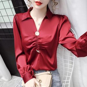 Blouzen voor dames shirts v-neck tops 2023 lente lantaarn mouw mode elegant chic vouwen Engeland shirt rapel casual recht p