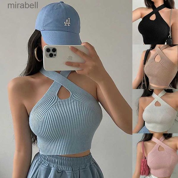 Chemisiers pour femmes Chemises Gilet Haut Court Femmes Halter Tops Femme Tricoté Hors Épaule Crop Tops Cross Strappy Sexy Débardeurs Pour Femmes 2023 Été YQ240117