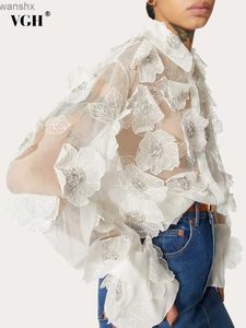 Chemisiers pour femmes chemises VGH autocollant solide décontracté femmes revers à manches longues patchwork maille transparente lâche femmes chemiseL240328