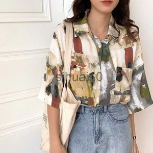 Chemisiers pour femmes Chemises Chemisier Vintage Beau Top Chic Printemps Vêtements Dames Peinture À L'huile Imprimer Streetwear Coréen T-shirts À Manches Courtes Pour Les Filles J230621