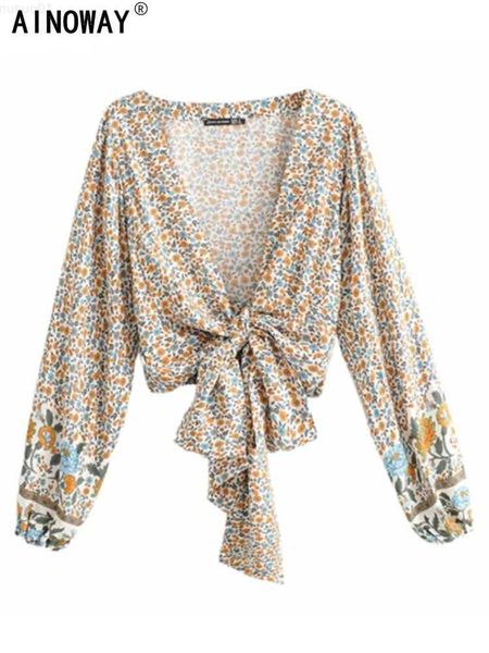 Chemisiers pour femmes Chemises Vintage Chic Mode Femmes Imprimé Floral Rayonne Chemisier Bohème Dames Lâche Crop Top Manches Longues Boho Chemises Kimono Cover-ups L230712