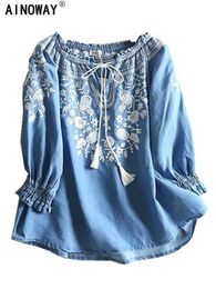 Dames Blouses Shirts Vintage Chique Vrouwen Bloemen Borduurwerk Strand Boheemse Denim Katoenen Blouse Shirt Lange mouw V-hals Kwastje Losse Boho Jeans Shirts L230712