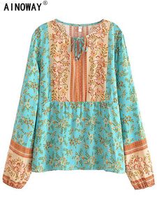 Damesblouses Overhemden Vintage Chique Dames Groene bloemenprint V-hals Lace-up Boheemse blouseoverhemden Lange mouw Kwastje Boho-overhemd Rayon Tops Blusas L230712