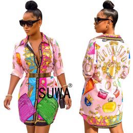 Damesblouses Overhemden Vintage mode print Dames lang shirt Hoge kwaliteit dameskleding Chique sexy korte mini-jurk