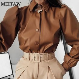 Blusas femininas Camisas Vintage Faux Leather Mulheres Blusa Tops Matte PU Mangas Longas Puff Camisas Casuais Primavera Outono Tops Sólidos 230309