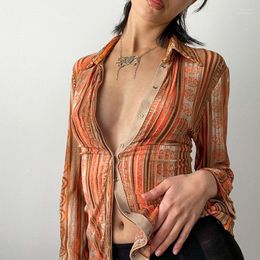 Chemisiers pour femmes Chemises Vintage Stripe Y2K Cardassian Fairycore Esthétique Imprimer Beaux Vêtements À Manches Longues À Une Rangée Automne Femmes Vere22