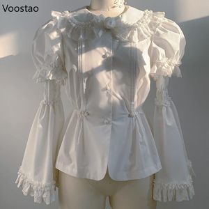 Blusas para mujer Camisas Vintage Victorian Kawaii Lolita Camisa Gótico Encaje Volantes Rosa Peter Pan Collar Extraíble Manga larga Dulce Tops 230404