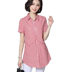 Chemisiers pour femmes Chemises VogorSean Summer Cotton Women Blouse Shirt Plaid Short sleeve Casual Plaids Plus size Blouses Womens Tops Black / Red 230428