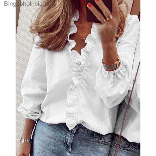 Blusas de mujer Camisas Blusa blanca Mujer Volantes de gasa Sólido Ajuste suelto Tops y blusas para mujer Casual Cuello en V Linterna Sle Camisas de talla grande TunicL231130