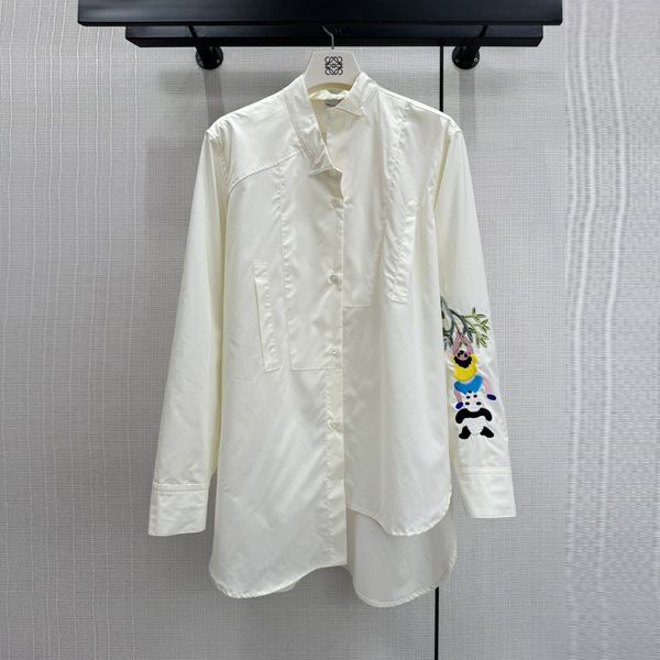 Blouses Femme Chemises Chemise blanche en coton à revers à manches longues avec panda brodé coupe irrégulière