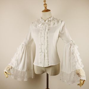 Blouzen voor dames shirts witte lacechiffon ruche nek flare mouw zoete lolita blouse Victoriaanse steampunk top gotische kleding vintage