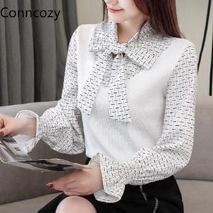Dames blouses shirts wit shirt strikje kraag Lange mouw tops mode print Koreaanse kantoor faux tweedelige blouse dame blansas