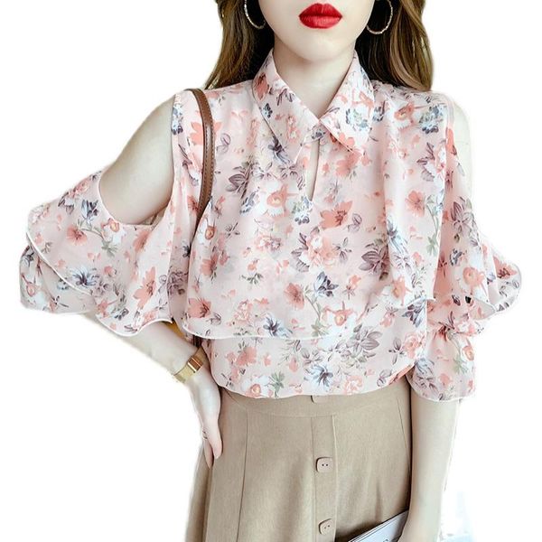 Blouses pour femmes chemises en gros 2023 printemps été mode décontracté en mousseline de soie femmes chemise femme femme OL Blouse épaule froide hauts Py1435