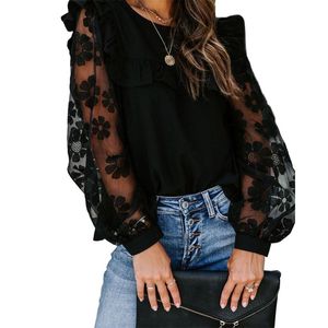 Women's Blouses Shirts Woman Fashion Mesh Patchwork Round Round Long Sleeve Blouse Black Lace Falbala Transparante bloemenbellen Dagelijks L