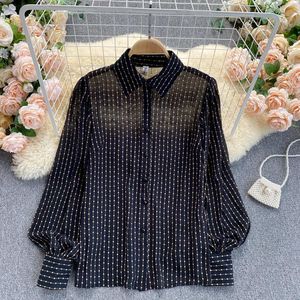 Dames Blouses Shirts Vrouw Lente Zomer Stijl Chiffon Dame Casual Lange Lantaarn Mouw Turn-down Kraag Blusas Tops DD9218