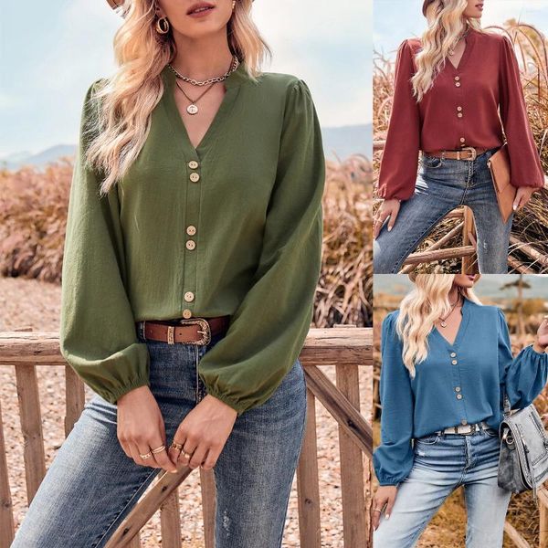 Blouses Femmes Chemises Femmes Automne Casual Pull Cordon Haut Pour Bouton Col V Lâche Viscose Couleur Unie À Manches Longues