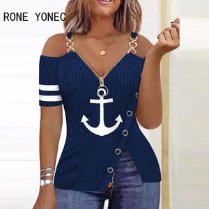 Blusas de mujer Camisas Mujer Chic Patrón de ancla Cremallera Decoración Correas de cadena Manga corta básica Blusa de limo Tops 230719