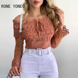 Vrouwen Blouses Shirts Vrouwen Chic Solid Slash Hals Lange Mesh Mouwen Hollow Out Bodycon Sexy Blouse Tops J230621