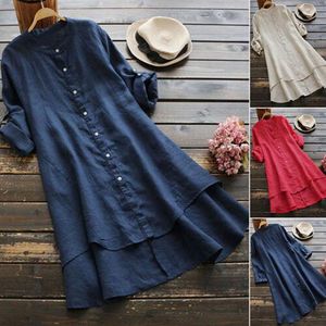 Blouses pour femmes chemises femmes coton lin décontracté solide col en V à manches longues boutonné hauts amples poches 230217
