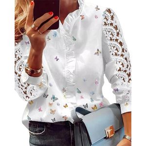 Blouses voor dames shirts vrouwen elegante mode vlinder print top gegolfde afwerking casual lange kanten mouw blouse