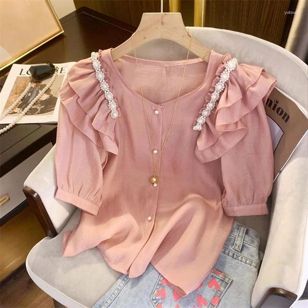 Chemisiers Femme Chemises Femmes Élégant Coréen Rose Blouse Femme Blusas Mujer Haut À Manches Courtes Chemise En Mousseline De Soie Perlée Chemise Femme