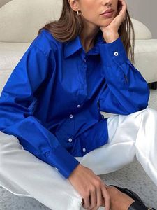 Blouses voor dames shirts vrouwen elegante satijnen lange mouw 2023 vintage blauw zijden shirt vrouwelijke casual button ups lente chic outwearwomen '