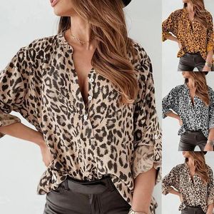 Dames Blouses Shirts Damesmode Lange Mouw Stand Kraag Knoppen Leopard Print Office Shirt Blouse Clothes Streetwear