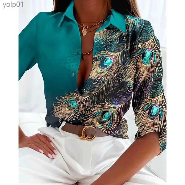 Blusas de mujer Camisas Mujeres Gem Peacock Feather Print Buttoned Long Sle Shirt 2023 Fe Spring Casual Turn-Down Collar Blusa Top WorkwearL231214