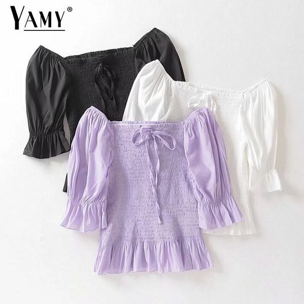 Blusas de mujer Camisas Mujer Estilo coreano Crop Top Camisa vintage Blusa blanca Volantes Elegante Cuello cuadrado Corbata delantera Tops para mujer Púrpura