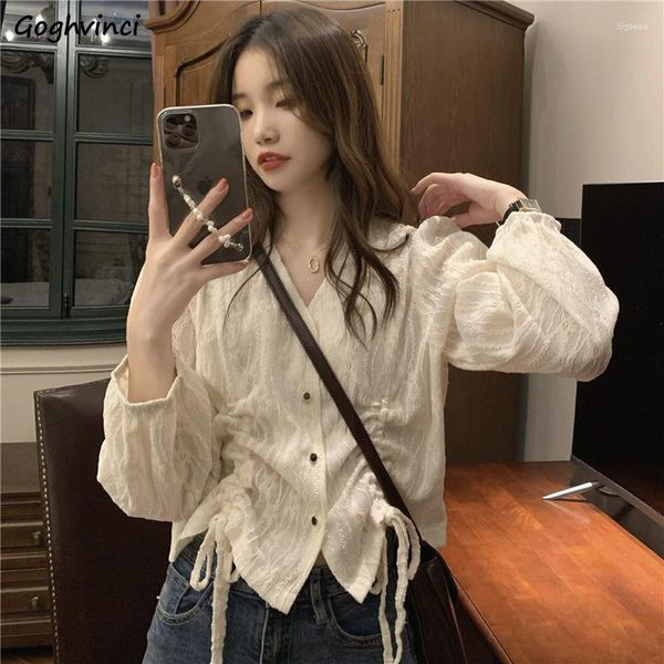 Blouses Femmes Chemises Femmes À Lacets Écolière Cultures Tendre Doux Solide Élégant Causal Femme Automne Slim Ulzzang Col V Étudiant Mujer