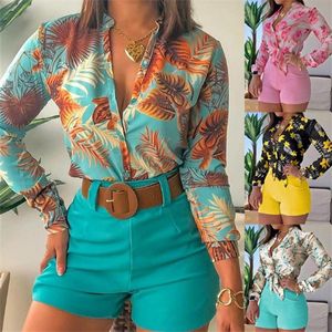 Damesblouses Shirts Dames Lange mouw Bloemenprint Tie Knoop Top Blouse Casual Lente Vrouwelijk