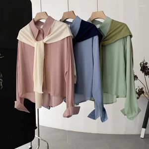 Blouses Femmes Chemises Femmes À Manches Longues Crop Tops Femme Style Coréen Rayé Chemise Boutonnée Avec Une Cape Camisas Femininas Elegantes