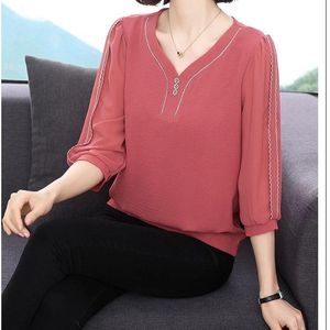 Blouses voor dames shirts vrouwen kantoor dame cotton oversized plus size v-neck tops roze wit blauw lange mouw 2023 lente Koreaanse mode