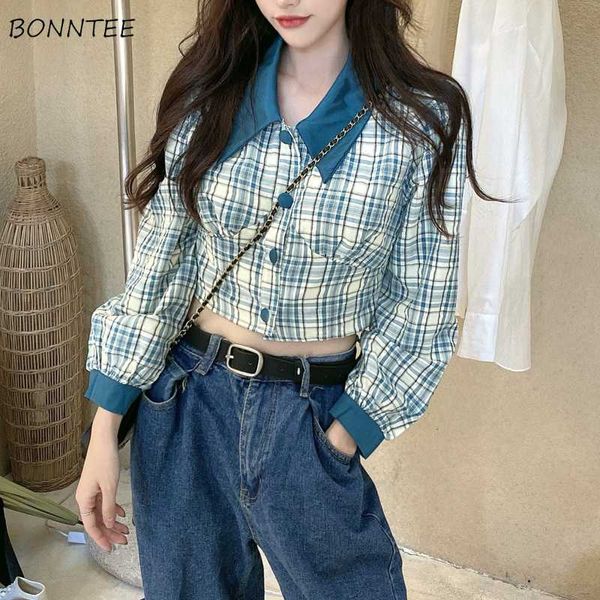 Blusas de mujer Camisas Mujeres Plaid Cuello vuelto Dulce Otoño Patchwork Ocio Estilo coreano Todo fósforo Vintage Tender Estudiantes Crop Top